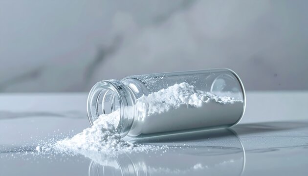Glass medical vial containing white pharmaceutical powder for drug packaging concept
