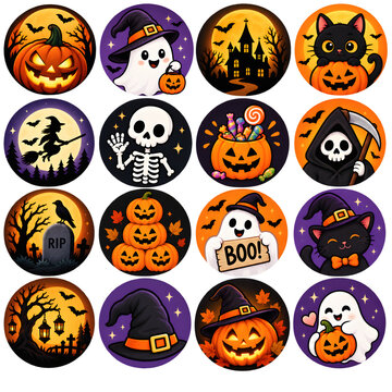 Collection of sixteen circular halloween themed badges and character illustrations with halloween icons halloween stickers spooky badges cute ghost