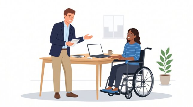 A man in a suit talks to a woman in a wheelchair in an office. 