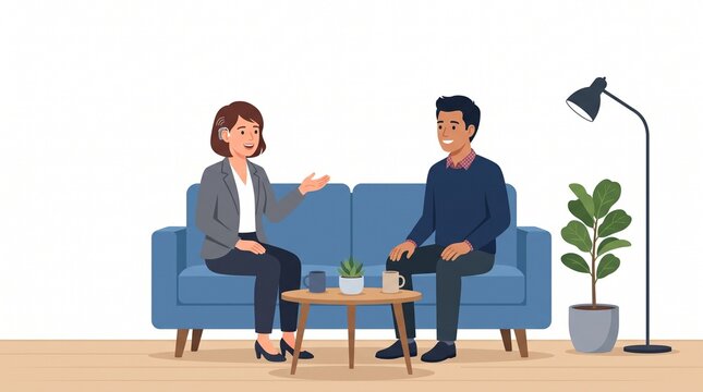 Two people are sitting on a blue couch and having a conversation. 