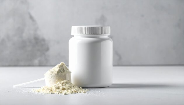 Blank white supplement jar with scoop of powder for health product packaging