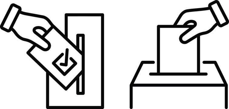 Black and white line of hands inserting a ballot paper into a voting machine and a traditional cardboard ballot box