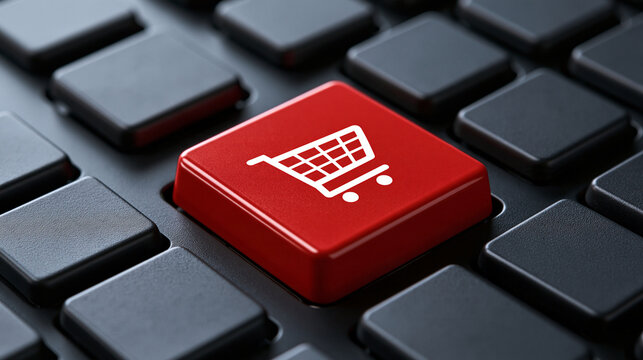 A bright red shopping cart icon button stands out on a modern black keyboard. Use this for online shopping and e-commerce concepts.