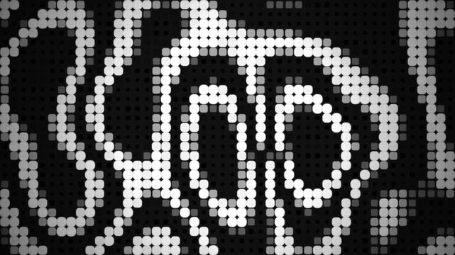 Abstract digital pixel pattern featuring monochrome futuristic shapes and dynamic dot matrix graphics on a dark background