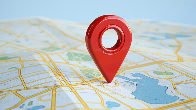 A bright red location pin standing on a detailed city street map under bright lighting. Ideal for travel, navigation, and destination concepts.