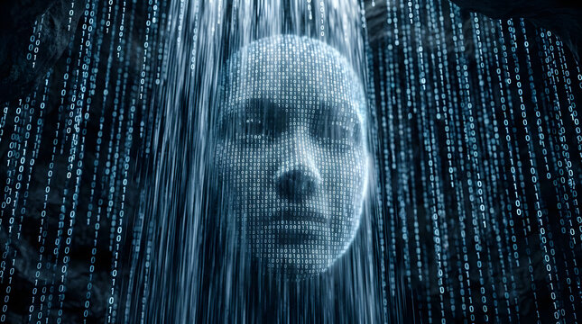 Digital human face formed from blue binary code