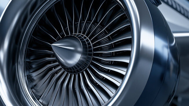 Close-up of a modern airplane jet engine turbine with metallic blades in bright studio lighting. Perfect for aviation technology and aerospace engineering concepts.