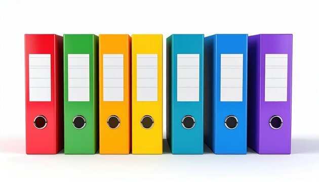 Row of six colorful office binders with white labels for organization and filing