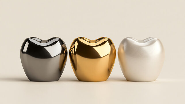 Three shiny metal teeth models in black, gold, and silver standing on a clean background. Ideal for dental clinic promotion and oral health advertising.