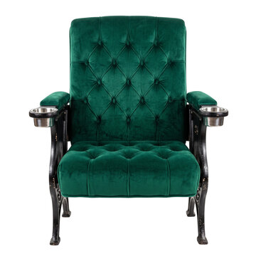 Emerald velvet theater seat with cup holders during a cinematic event isolated on transparent background