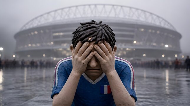 Young Person Standing in Rain With Hands Covering Face in a Stadium Setting Expressing Grief and Disappointment