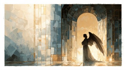 Obraz premium Angel Messenger Silhouette at Monumental Stained Glass Doorway, Modern Sacred Sympathy Illustration