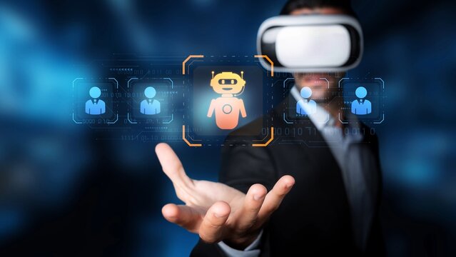 A man interacts with a digital avatar while wearing a virtual reality headset, symbolizing the fusion of technology and human experience in a cutting-edge environment. Raster