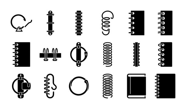 Spiral binding icons set, notebook wire coil and ring binder elements, 18 black vector silhouettes of stationery hardware for journals and planners