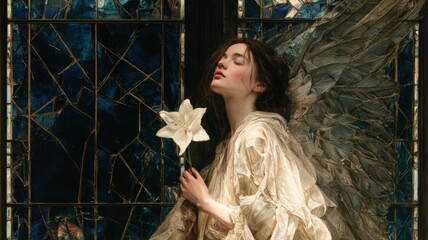 Fototapeta premium Serene Angel with White Lily in Ivory Robes Beside Blue Stained Glass, Memorial and Sympathy Faith Art