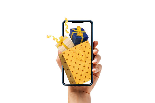 Hand Holding Smartphone with Gifts for Online Shopping and Delivery