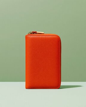 Burnt orange travel wallet with grained leather texture on a teal blue background, a minimalist mockup for holiday travel booking and trip planning
