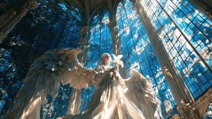 Fototapeta premium Angel Messenger Holding White Lily in Majestic Blue Stained Glass Sanctuary, Christian Sympathy and Hope