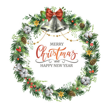 Christmas wreath with silver bells, red bow, pine cones and cotton flowers vector illustration. Decorative winter holiday floral frame with Merry Christmas lettering isolated on white background.