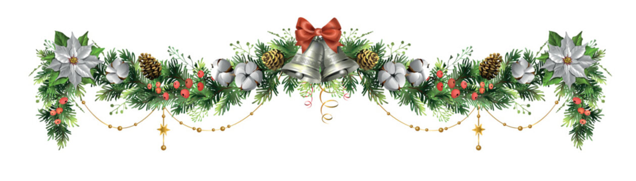 Long Christmas spruce garland with silver bells, red bow, white poinsettia, pine cones and cotton flowers vector illustration. Decorative winter holiday floral border with berries.