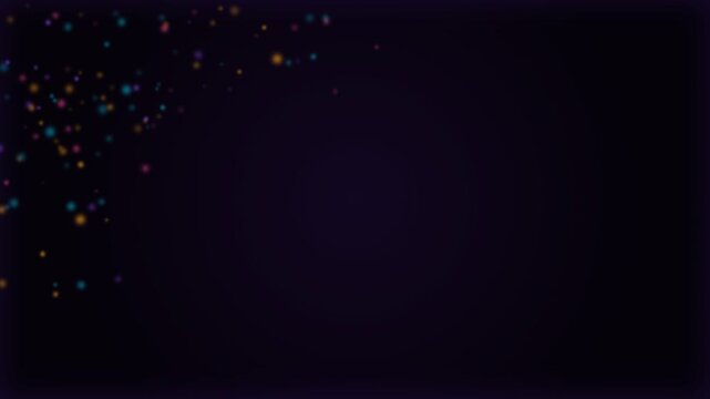 Dark background with colorful glowing sparkles and magic bokeh particles floating in the corner