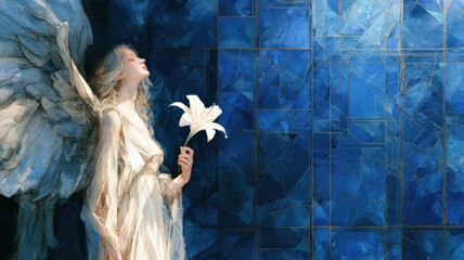 Obraz premium Watercolor Angel with White Lily and Blue Stained Glass, Sympathy and Memorial Christian Art