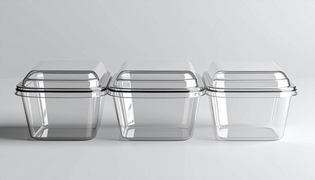 Three clear plastic clamshell bakery containers for food packaging