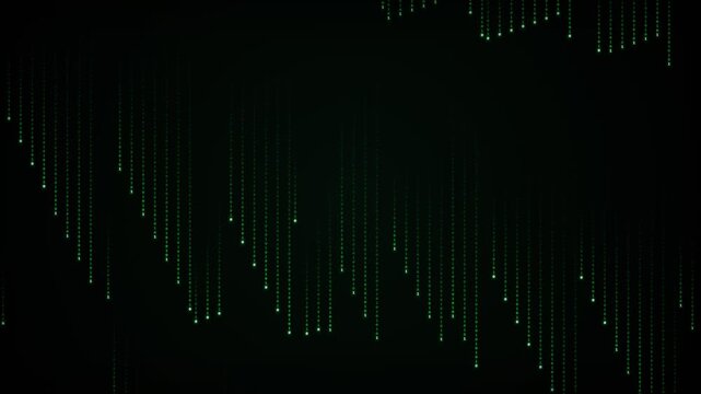Green digital binary code falling down on dark screen background with glowing matrix data stream visual concept