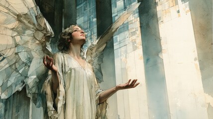 Fototapeta premium Watercolor Angel Messenger with Open Palms and Stained Glass Background, Christian Sympathy and Hope