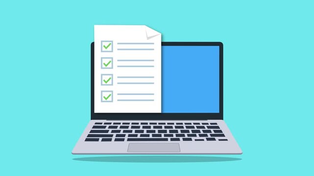 A checklist document with green checkmarks appears on a laptop screen in a clean animation, representing task management, business planning, workflow and office productivity.