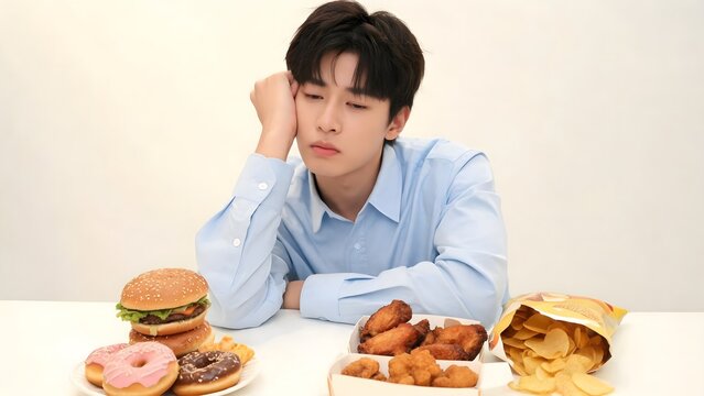 Bored Young Man Sitting at Table with Unhealthy Fast Food