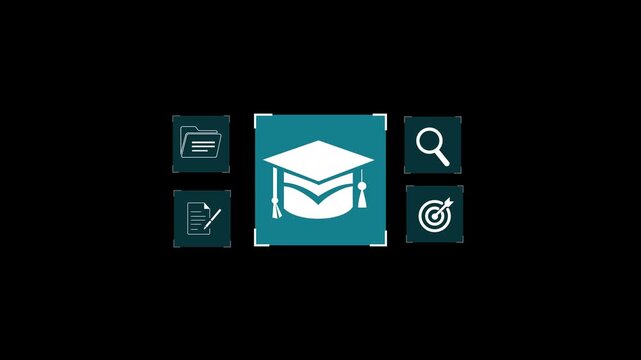 Businessman hand holding digital graduation cap icon surrounded by book, search, folder, and symbols, representing online education, e-learning, and digital knowledge concept. on transparen.