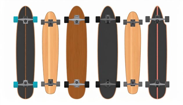 Four skateboards and longboards arranged in top view