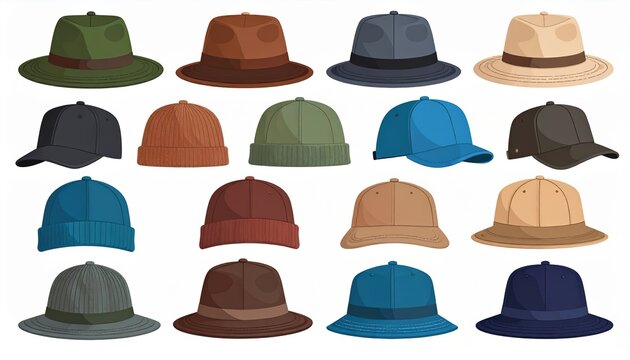 Assorted hats collection featuring beanie, baseball cap and bucket hat