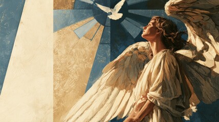 Obraz premium Angelic Messenger in Stained Glass Light with Dove, Memorial Christian Sympathy Art Background