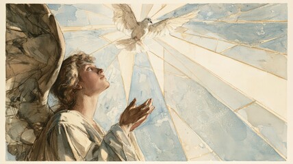 Fototapeta premium Watercolor Angel Messenger Looking Upward Toward Dove in Stained Glass Light, Sympathy and Memorial Christian Art