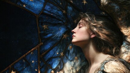Obraz premium Angel Messenger in Midnight Blue Stained Glass, Serene Profile Portrait for Memorial and Sympathy