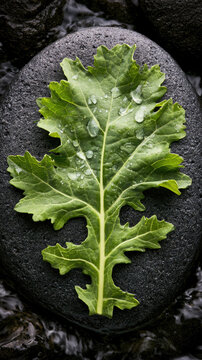 Green mustard leaf resting on wet river stone with water droplets, jagged edges, and vivid veins, creating tranquil botanical study