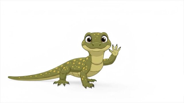Cute 2D cartoon monitor lizard animation, simple reptile character isolated on solid white background