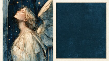 Obraz premium Watercolor Angel Messenger Before Midnight Blue Stained Glass with Memorial Copy Space