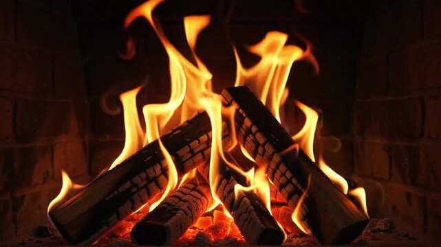 Close Up of Burning Wood Logs in Fireplace with Warm Flames