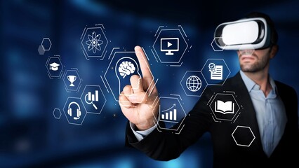 Obraz premium Man in Virtual Reality Headset Engaging with Digital Icons of Technology, Education, Science, and Business in Modern Futuristic Environment Gluon.