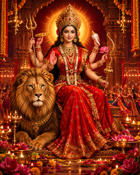 Grand Navratri Durga Pooja Dandiya Garba Celebration with Traditional Indian Festival Decorations, Vibrant Colors, Glowing Diyas, Elegant Mandap, Colorful Rangoli and Joyful Cultural Atmosphere