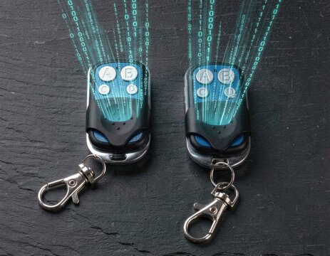 Two remote controls transmitting binary code on dark surface