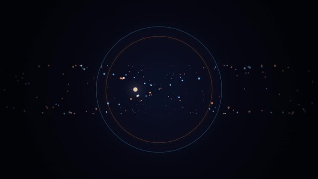Abstract particles background featuring floating blue and orange dots within rotating thin