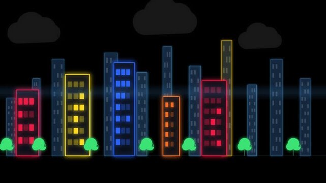 Animated city skyline at night with glowing neon buildings and rhythmic lighting of windows