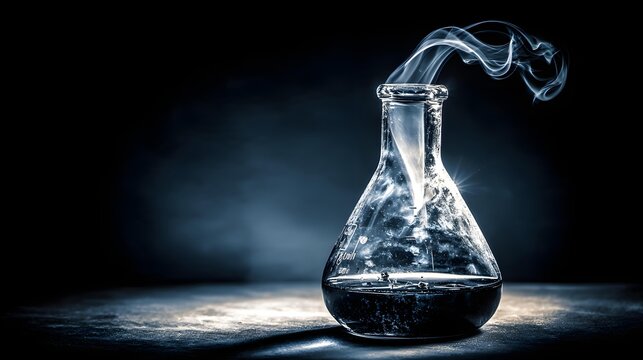 spiraling upward from glassware, illuminated particles suspended within translucent mist, dramatic laboratory lighting, cinematic science composition