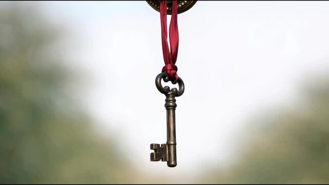 A metal key hanging from a red string, often used as a symbol of unity or connection