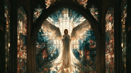 Fototapeta premium Heavenly Angel Messenger in Gothic Stained Glass Window, Christian Memorial and Sympathy Art
