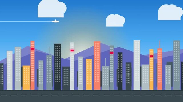 Flat design vector city skyline animation with moving clouds and mountains in background